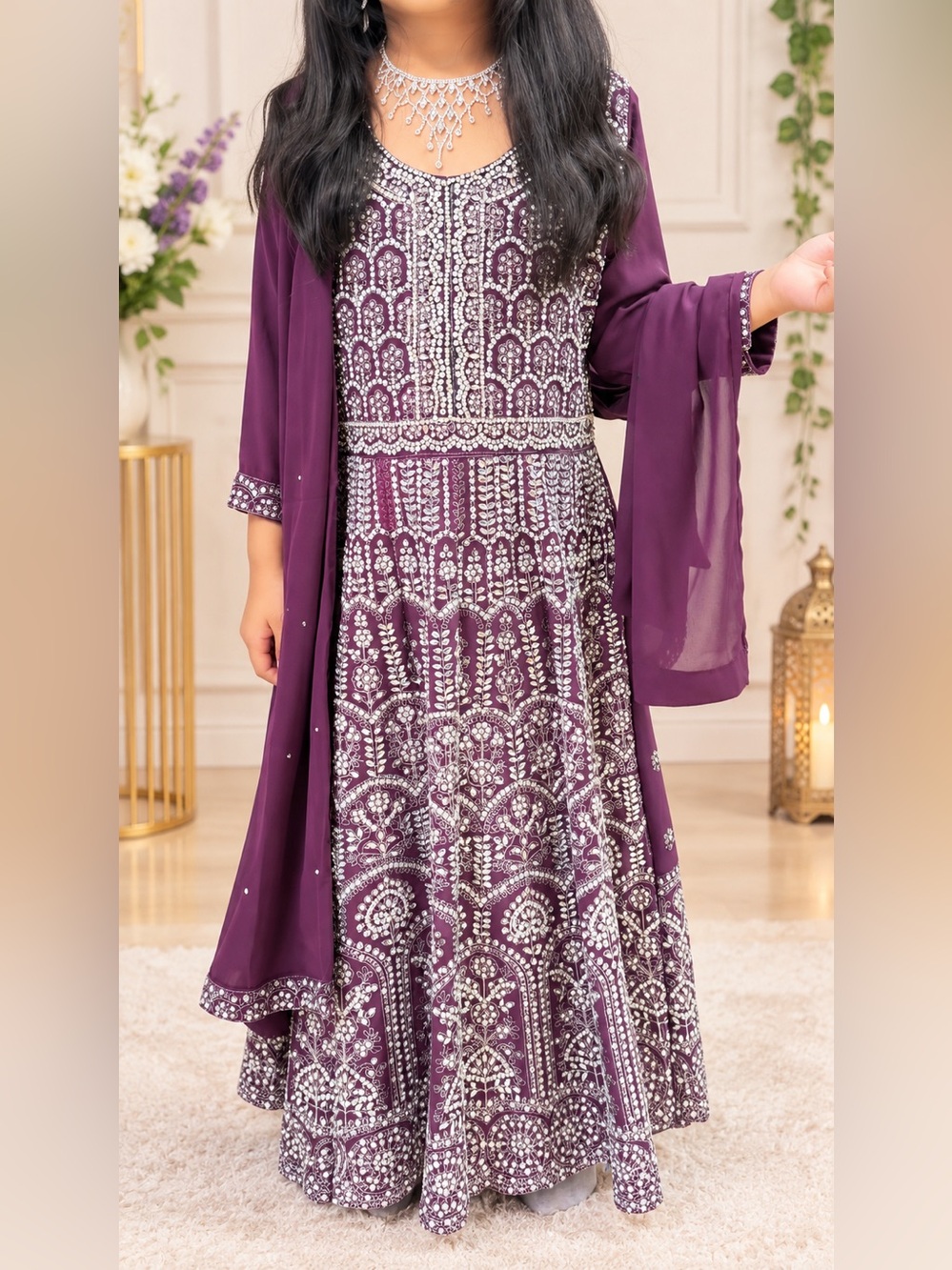 Embellished Plum Women’s Anarkali Dress with Dupatta
